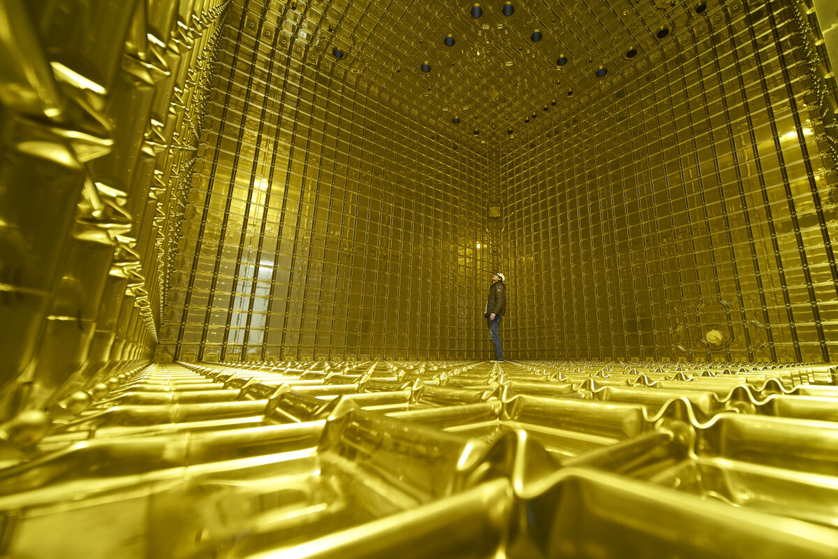 Inside the cryostat of ProtoDUNE, a prototype built at CERN to validate the liquid-argon chamber technology at scale.
